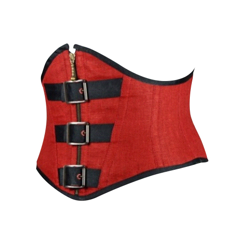 Red Cotton WaspieCorset Steel Boned with Fraont Zipper and Back Lace